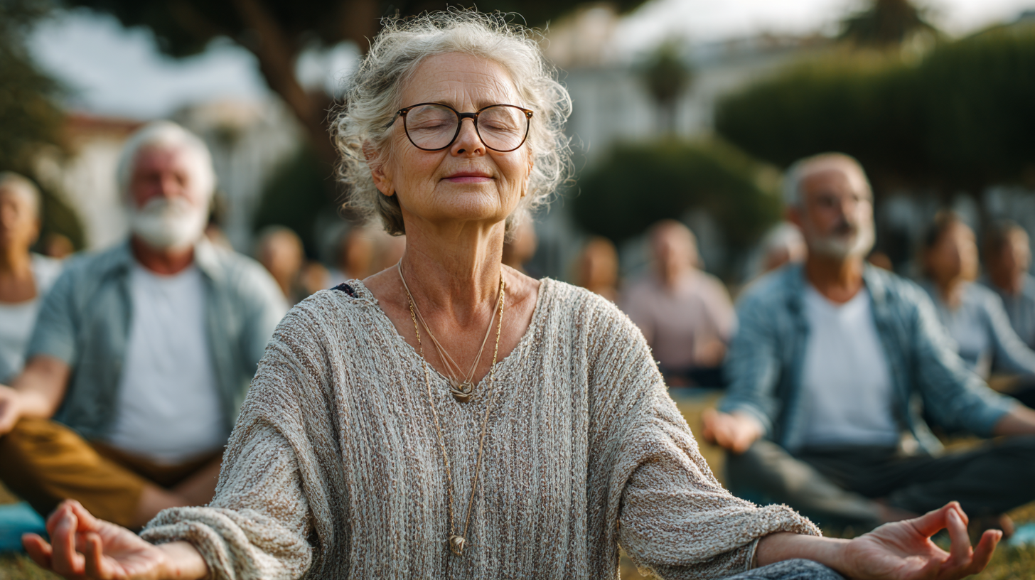 Persoane mature practicând yoga în natură