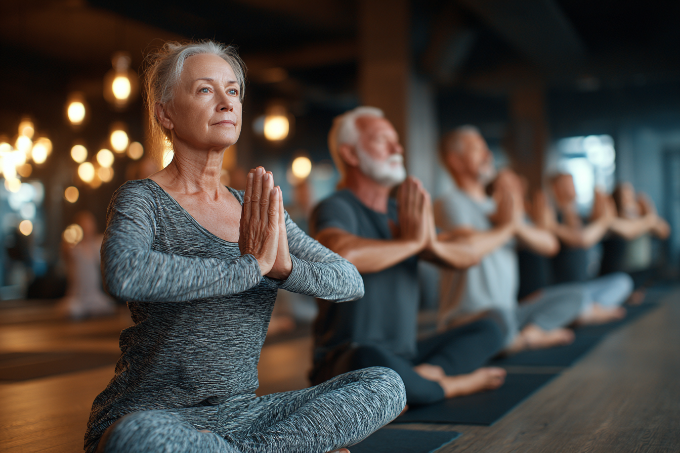 Grupa de persoane mature savurând beneficiile yoga-ului împreună
